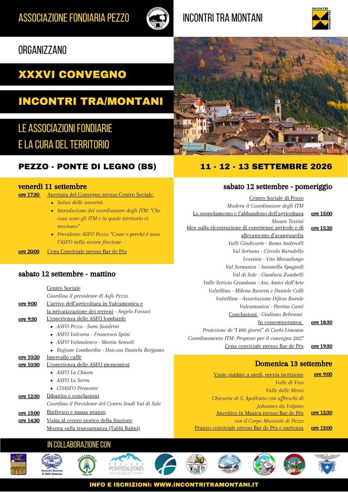 XXXVI Convegno Incontri Tra/Montani 2026 - Le Associazioni Fondiarie e la cura del territorio - Pezzo, Ponte di Legno (BS), 11-12-13 settembre 2026 - programma completo